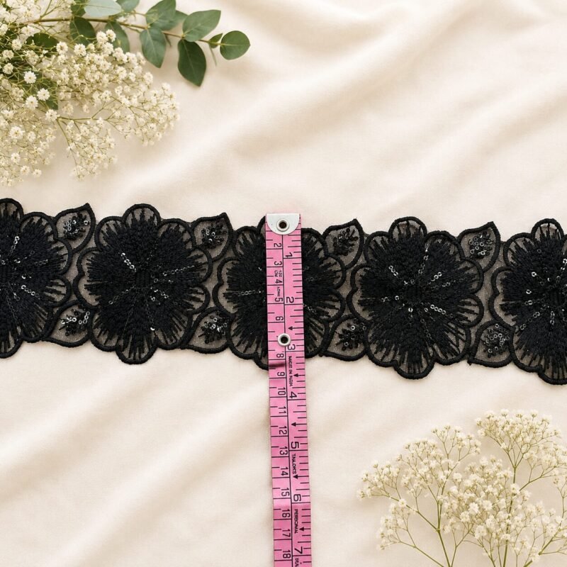 Zexira Beautiful Black Sequence Floral 3 Inch 4.5 Meter Trending Border Lace