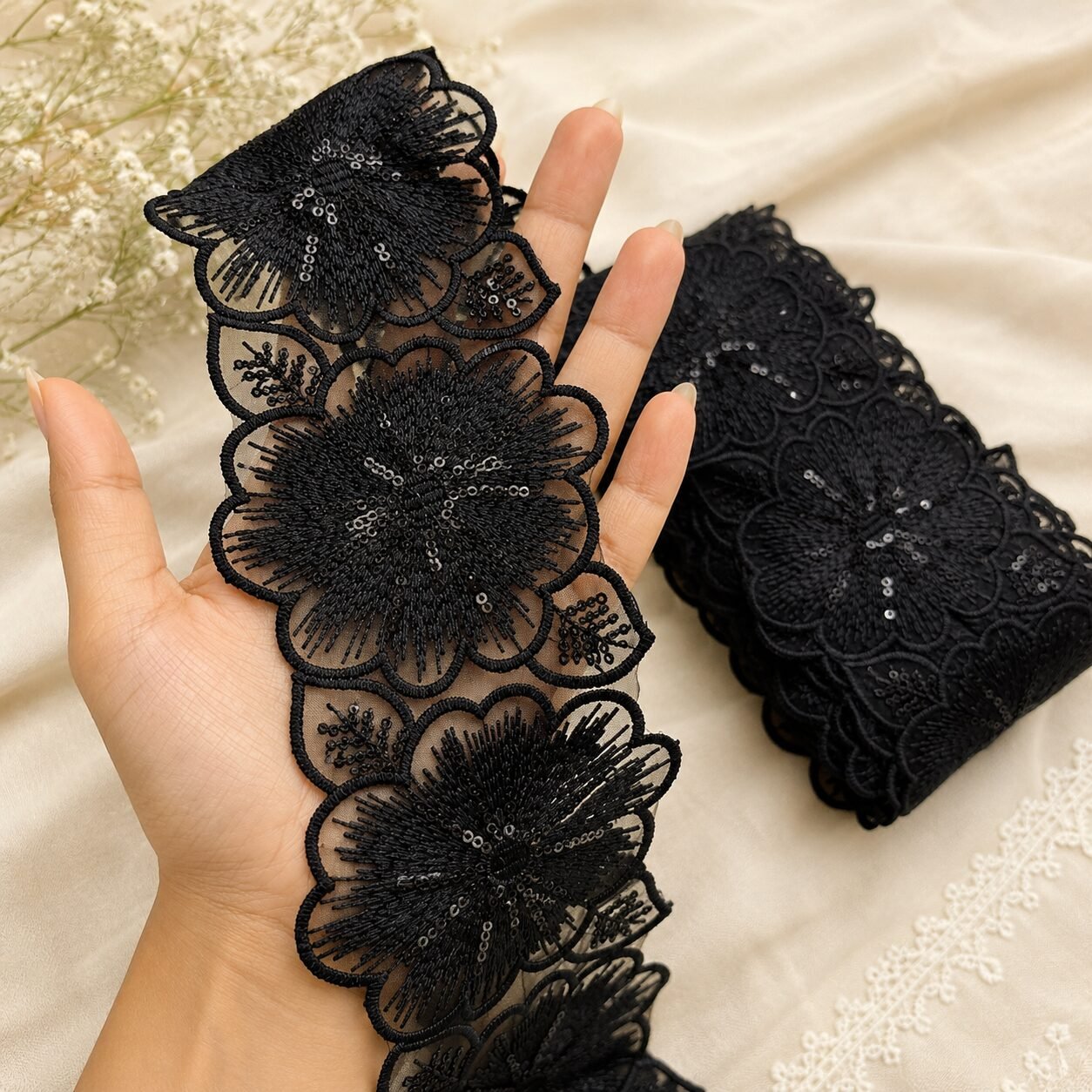 black imported Zexira Beautiful Black Sequence Floral 3 Inch 4.5 Meter Trending Border Lace