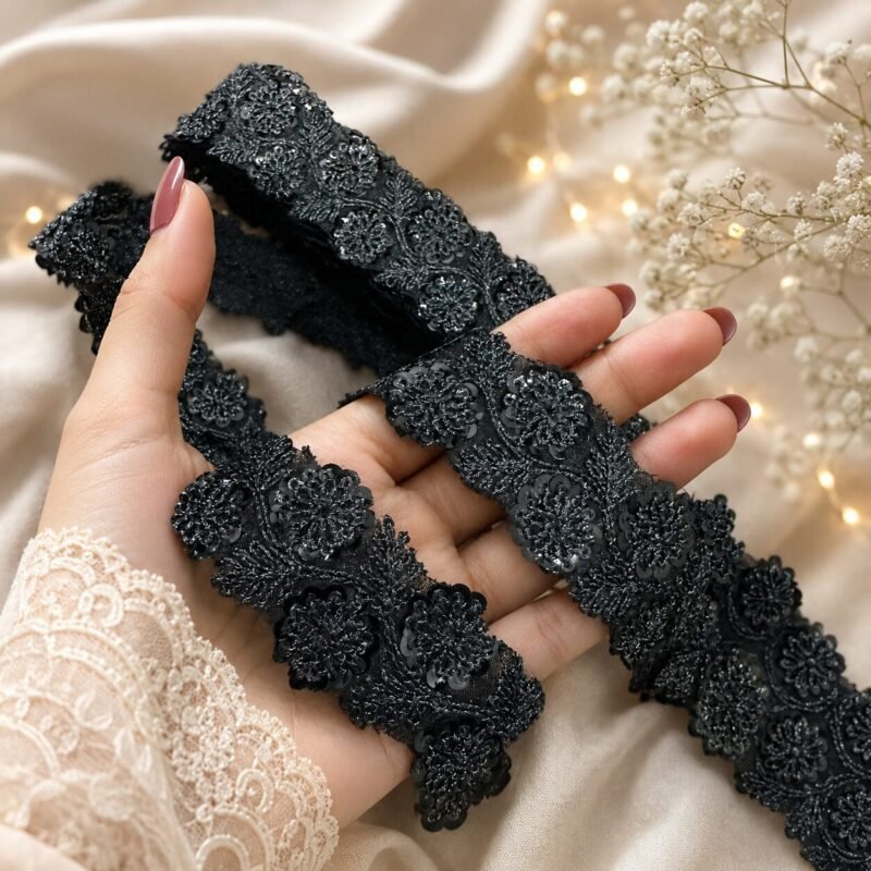 Zexira Black Sequence Work Flower 9 Meter 1 Inch Border Lace