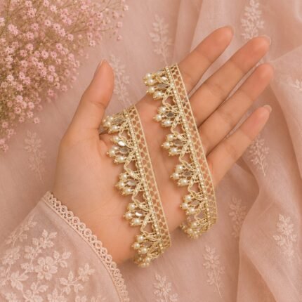 Zexira Beautiful Golden Zari Beads Work 1 Inch 8 Meter Dupatta Lace