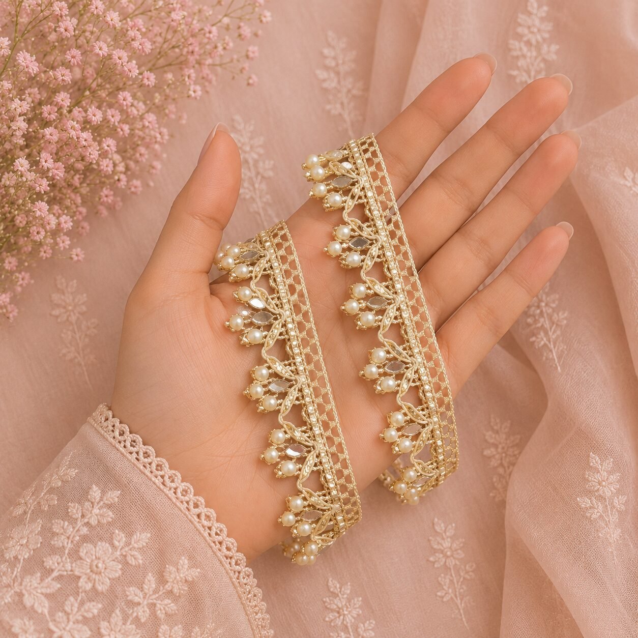 golden beads cutwork Zexira Beautiful Golden Zari Beads Work 1 Inch 8 Meter Dupatta Lace
