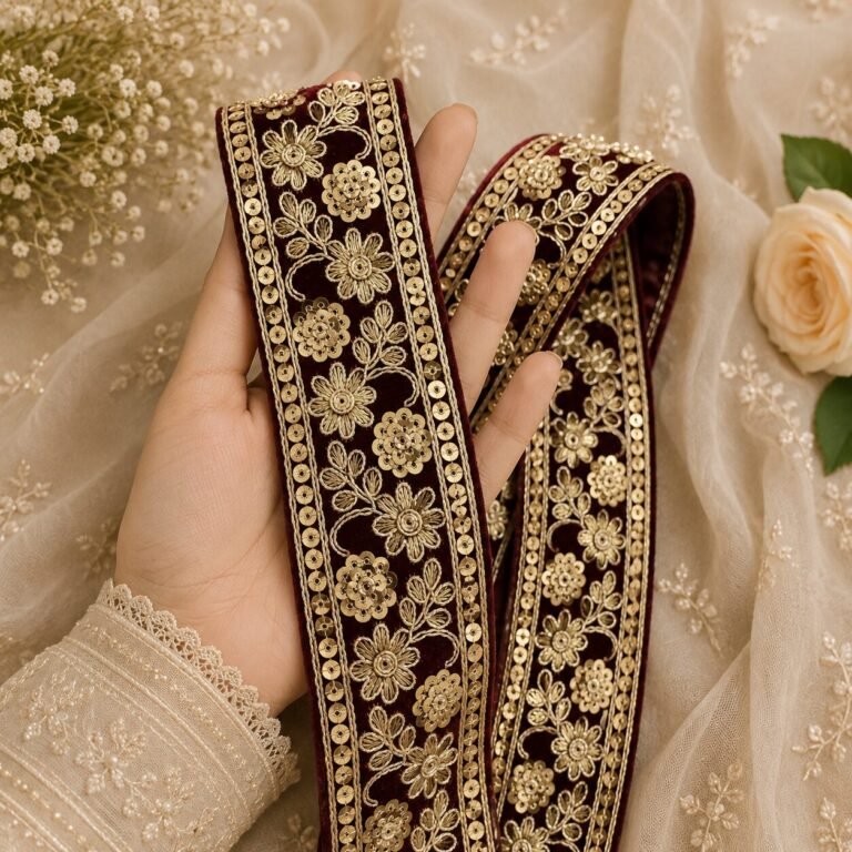Zexira Maroon Velvet Flower 2 Inch 9 Meter Border Lace