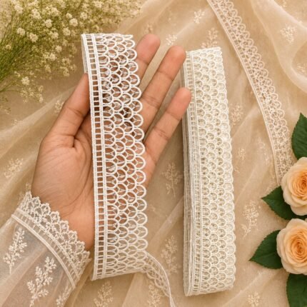 Zexira OffWhite Cotton Sequence Cut Work 10 Meter 2 Inch Border Lace