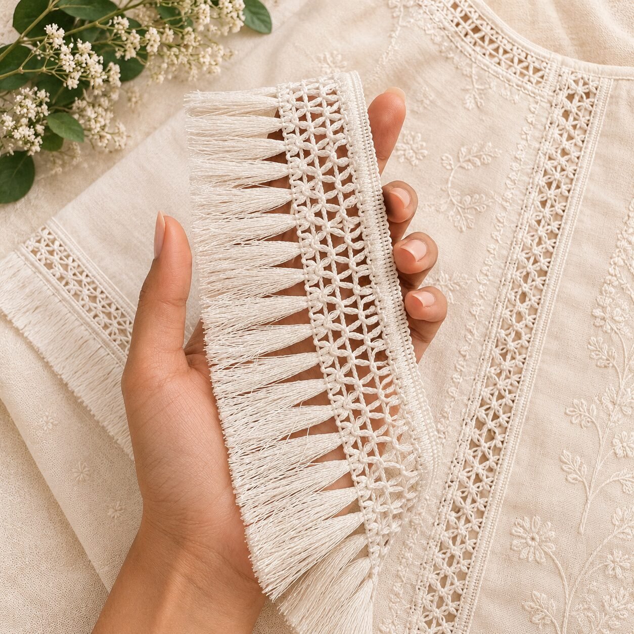 offwhite tassel lace Zexira Beautiful OffWhite Cotton Tassel 3 Inch 9 Meter Border Lace