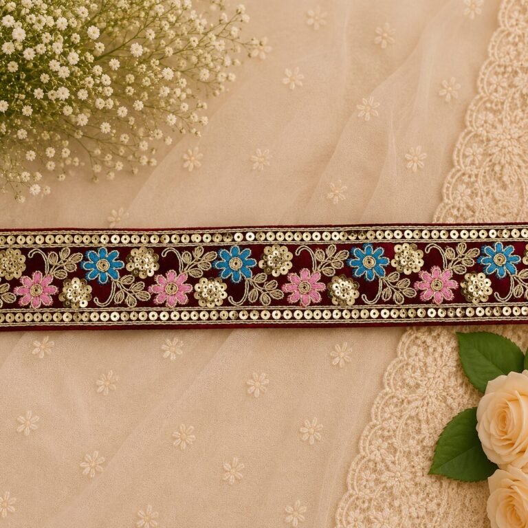 Zexira Rani Pink Velvet Flower 2 Inch 9 Meter Border Lace