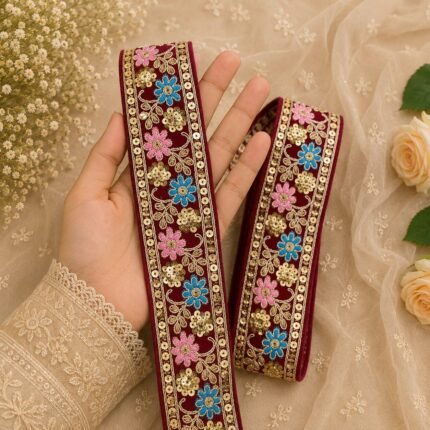 Zexira Rani Pink Velvet Flower 2 Inch 9 Meter Border Lace