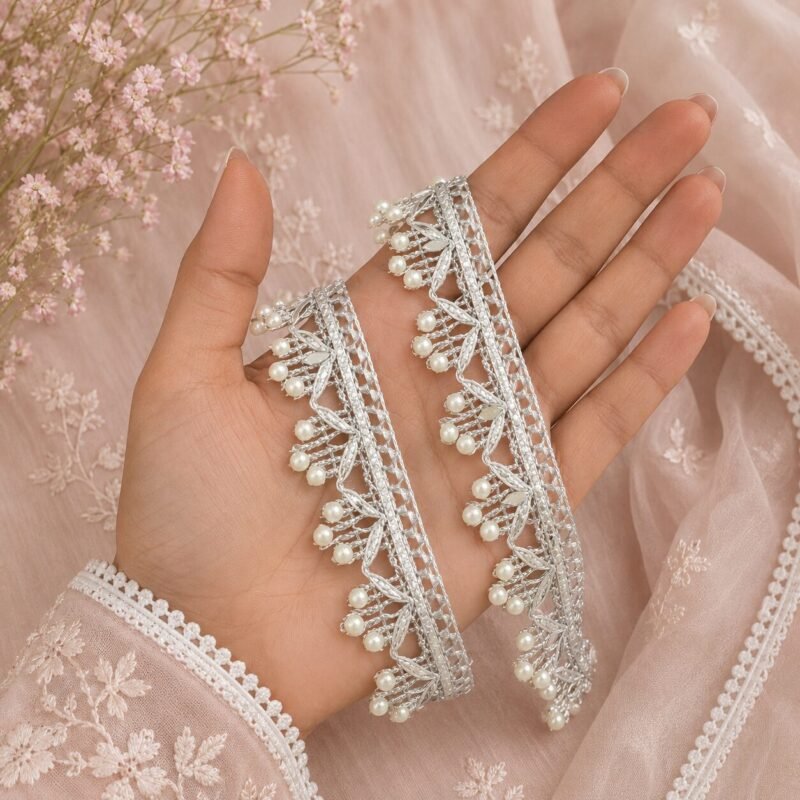 Zexira Beautiful Silver Zari Handwork Kinari 1 Inch 8 Meter Dupatta Lace