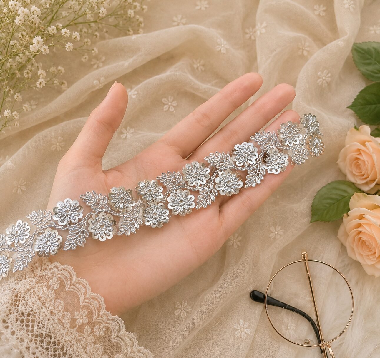 silver sequence lace Zexira Silver Sequence Work Flower 9 Meter 1 Inch Border Lace