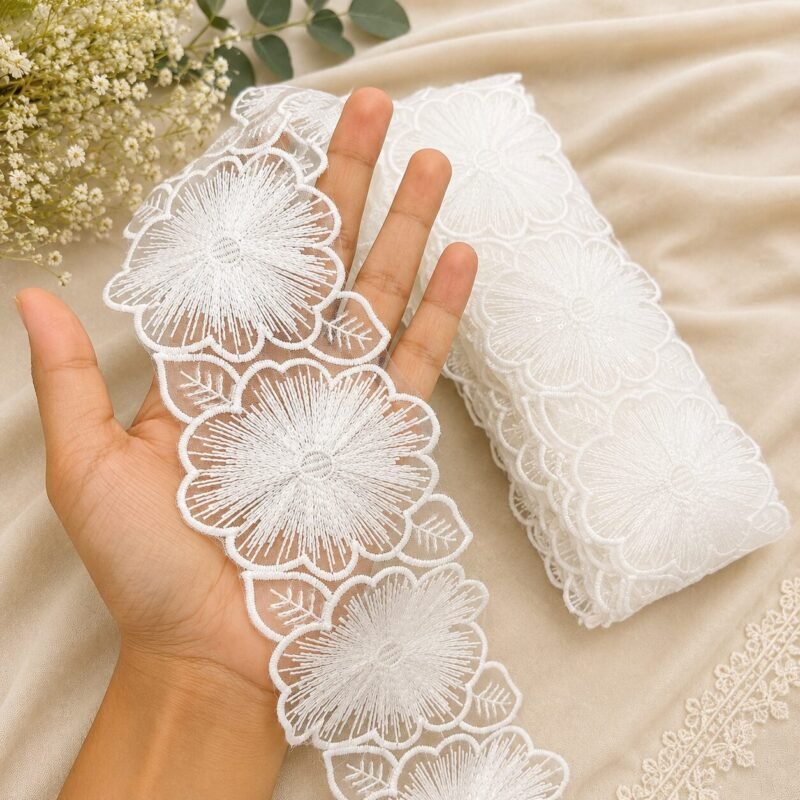 Zexira Beautiful White Sequence Net Flower 3 Inch 4.5 Meter Border Lace