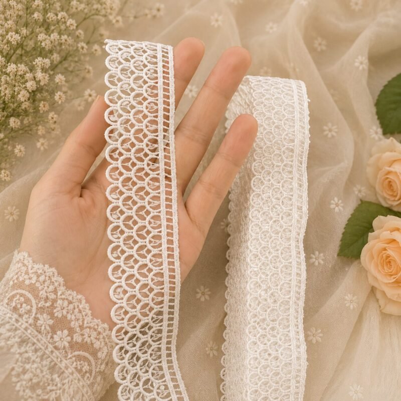 Zexira White Cotton Sequence Cut Work 10 Meter 2 Inch Border Lace