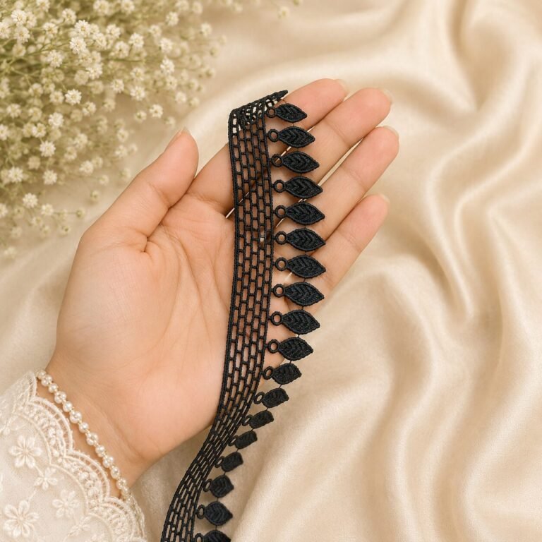 Zexira Black Cotton Leaf Design 2 Inch 10 Meter Border Lace
