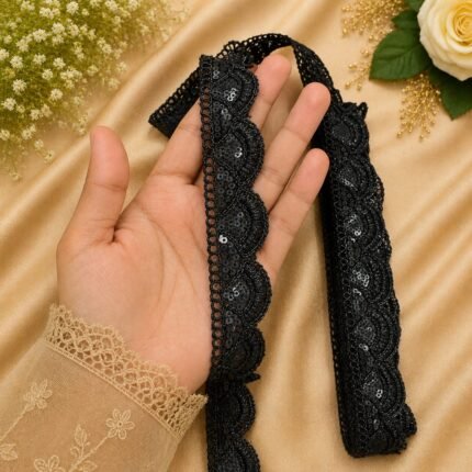 Zexira Black Sequence Cutwork 1 Inch 9 Meter Lace