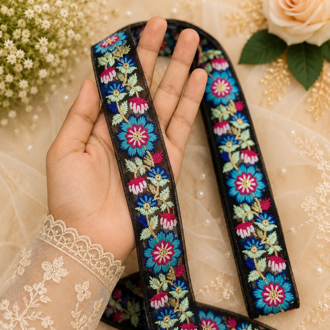 black embroidery Zexira Beautiful Black Embroidery Flower 2 Inch 9 Meter Border Lace