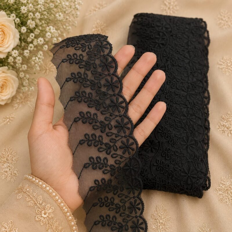 Zexira Black Net Cutwork 3 Inch 10 Meter Border Lace