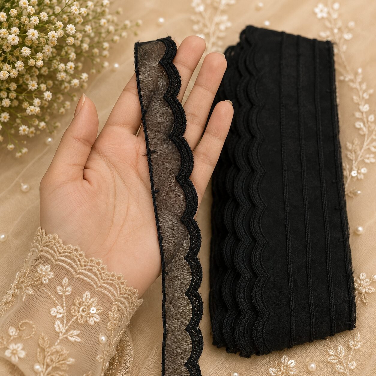 black net Zexira Beautiful Black Net Cutwork 1 inch 10 Meter Lace