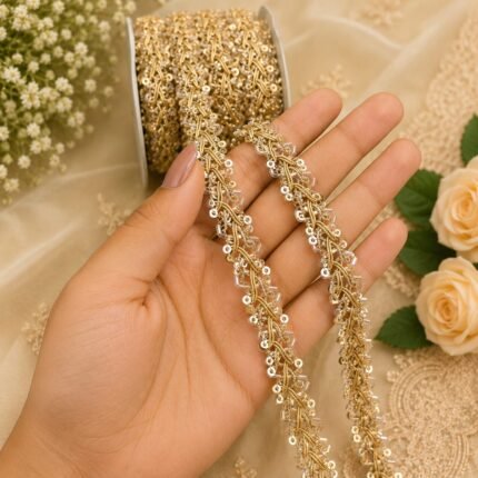 Zexira Golden Sequence Kinari 1 Inch 18 Meter Lace For Dupatta, Frowk, Saare & Craft Work