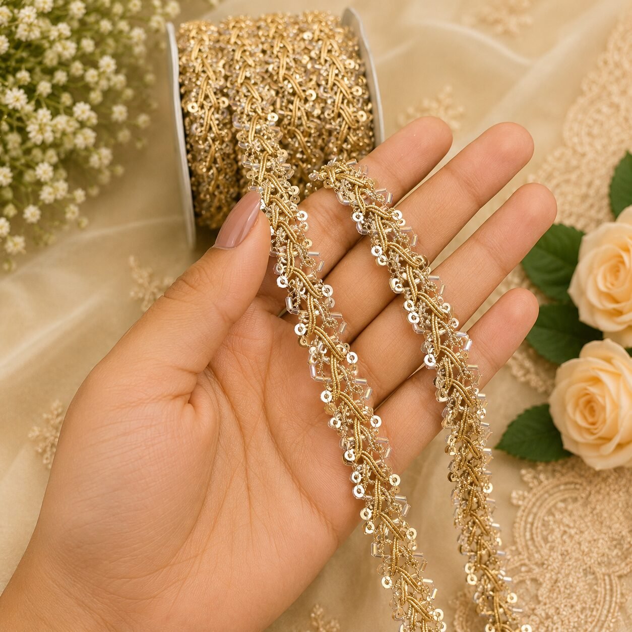 golden kinari 3 Zexira Golden Sequence Kinari 1 Inch 18 Meter Lace For Dupatta, Frowk, Saare & Craft Work