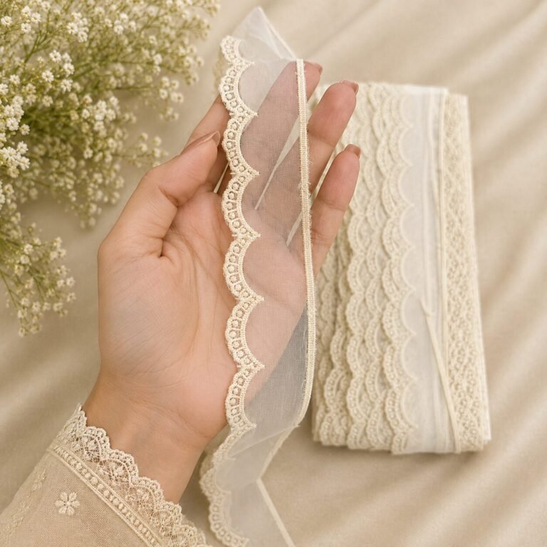 Zexira Beautiful Chiku Gold Net Organza Cutwork 1 inch 10 Meter Lace