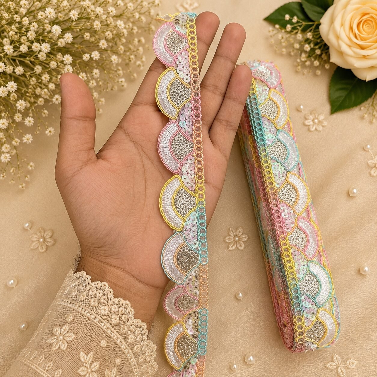multi cutwork Zexira Multicolour Sequence Cutwork 1 Inch 9 Meter Lace