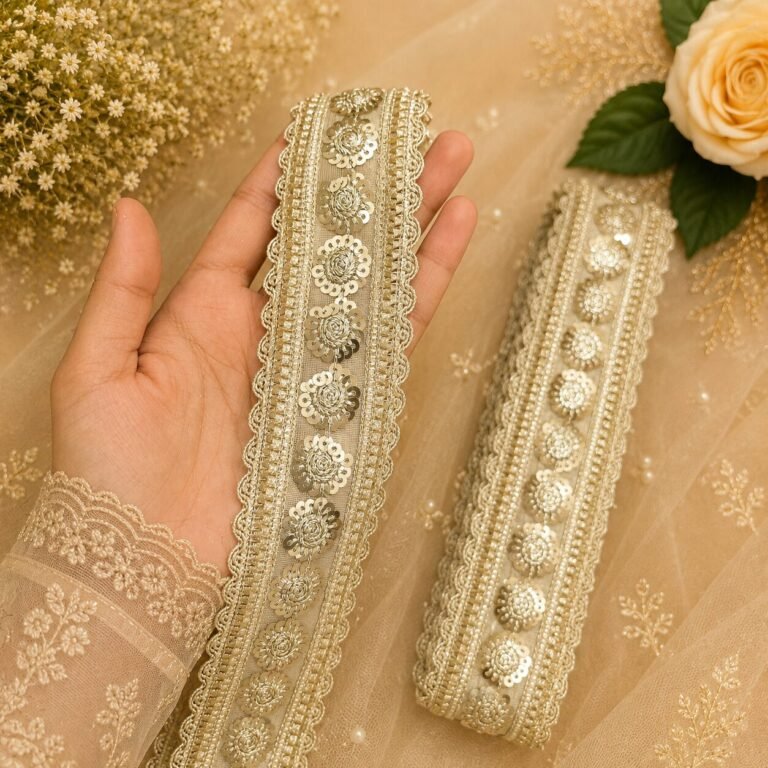 Zexira Pani Gold Zariwork Sequence 2 Inch 9 Meter Border Lace