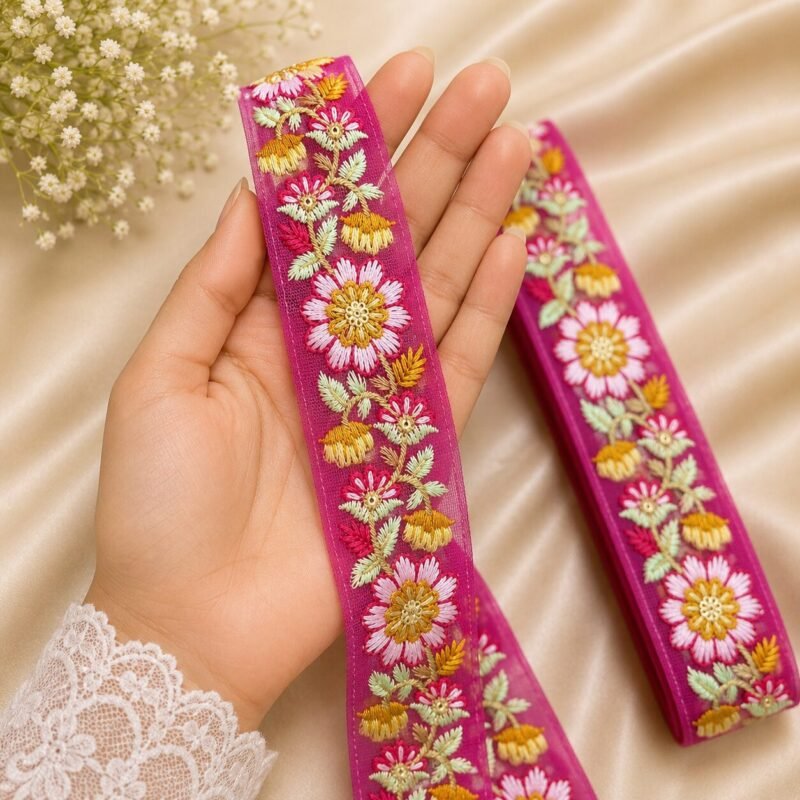 Zexira Beautiful Rani Pink Embroidery Flower 2 Inch 9 Meter Border Lace