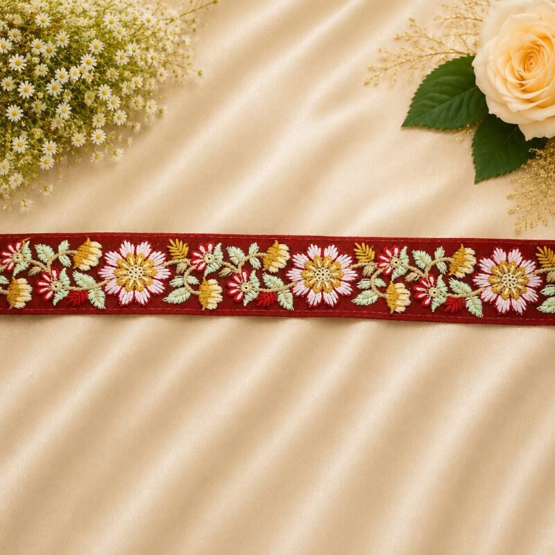 Zexira Beautiful Red Embroidery Flower 2 Inch 9 Meter Border Lace