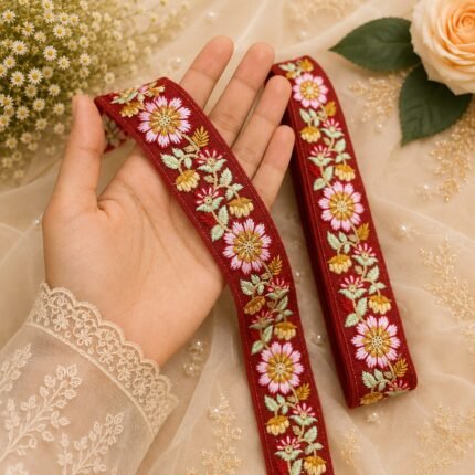 Zexira Beautiful Red Embroidery Flower 2 Inch 9 Meter Border Lace