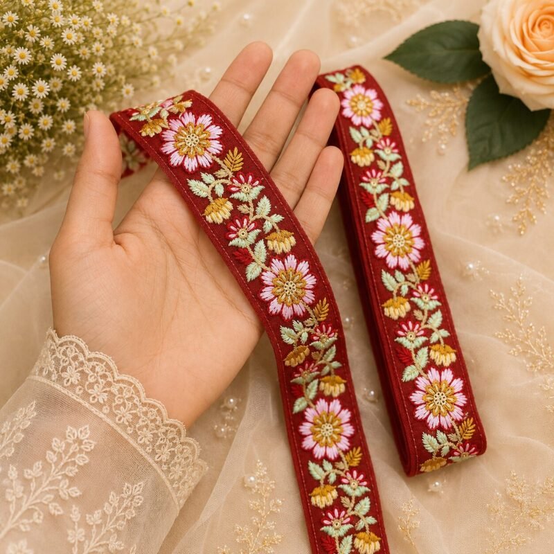 Zexira Beautiful Red Embroidery Flower 2 Inch 9 Meter Border Lace