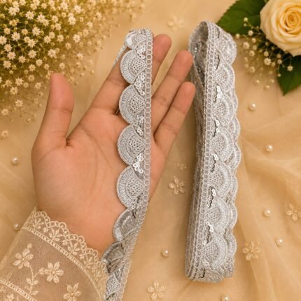 Zexira Silver Sequence Cutwork 1 Inch 9 Meter Lace