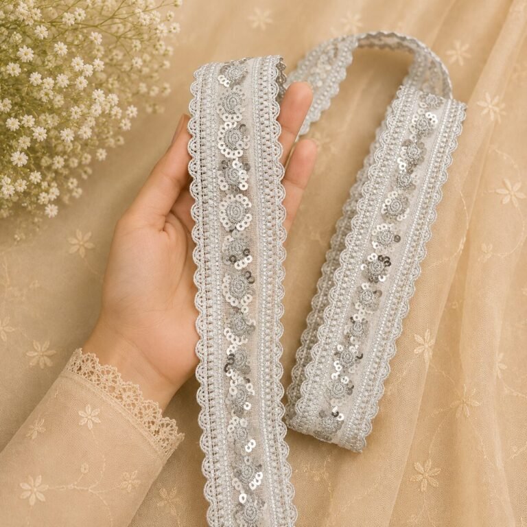 Zexira Silver Zariwork Sequence 2 Inch 9 Meter Border Lace