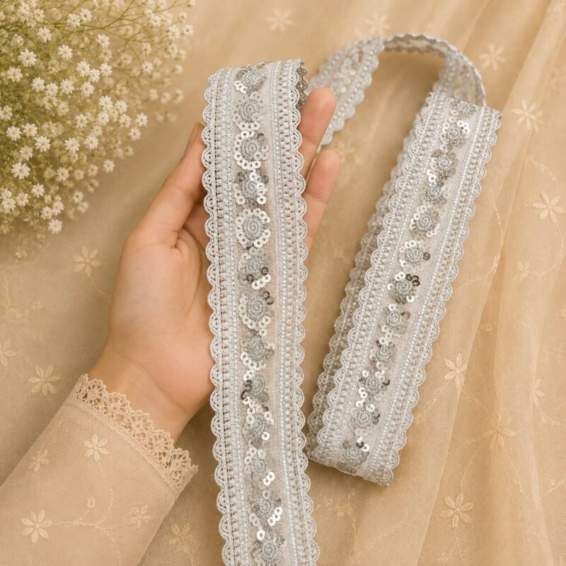 Zexira Silver Zariwork Sequence 2 Inch 9 Meter Border Lace