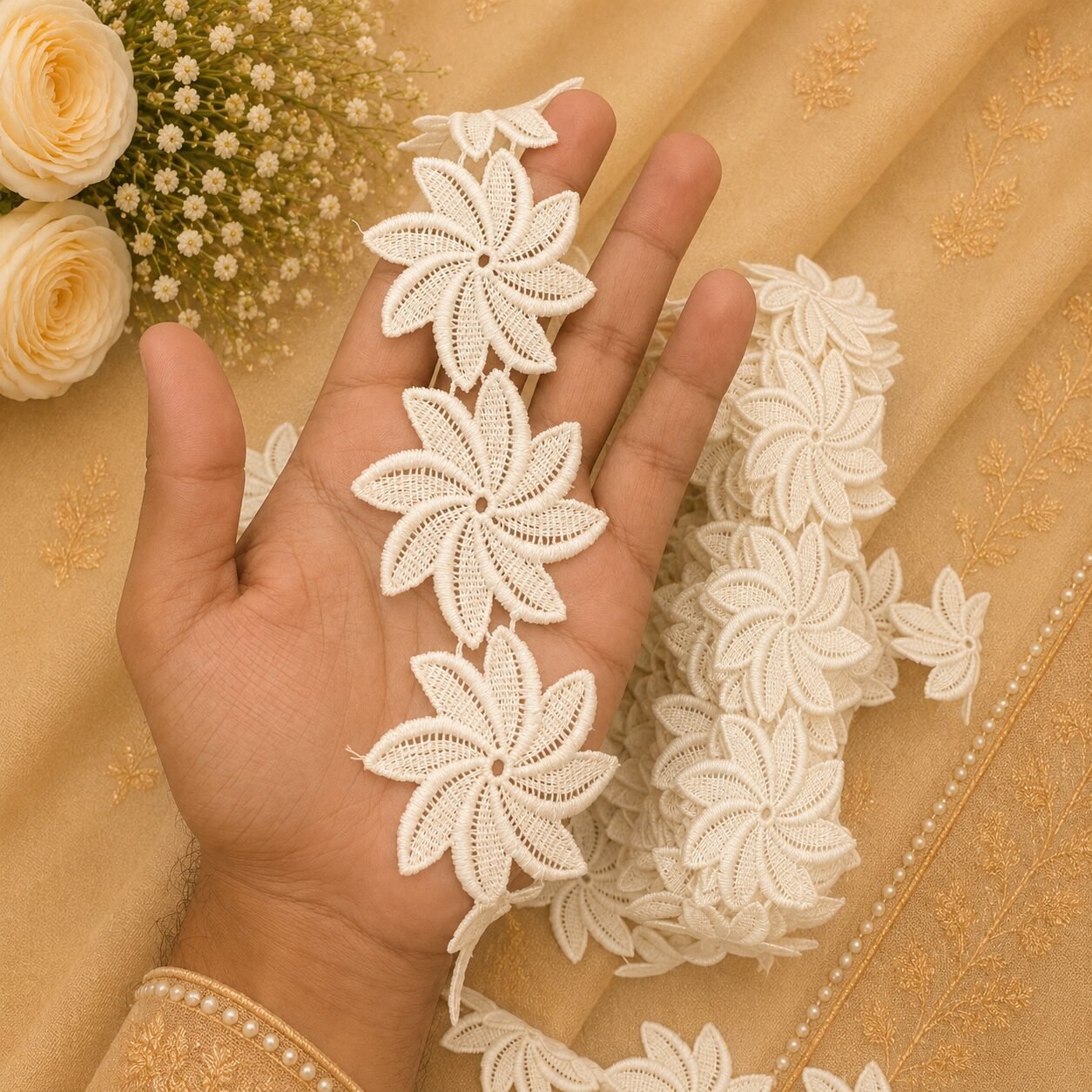 white big flower Zexira White Cotton Big Flower 2 Inch 10 Meter Lace Border
