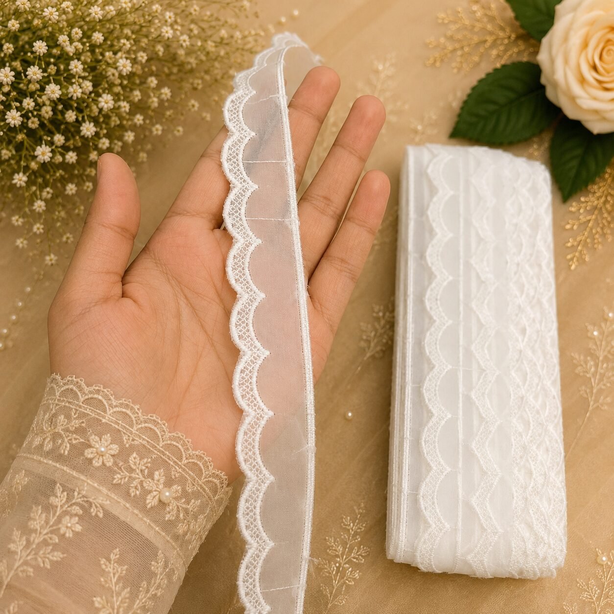 white net Zexira Beautiful White Net Organza Cutwork 1 inch 10 Meter Lace