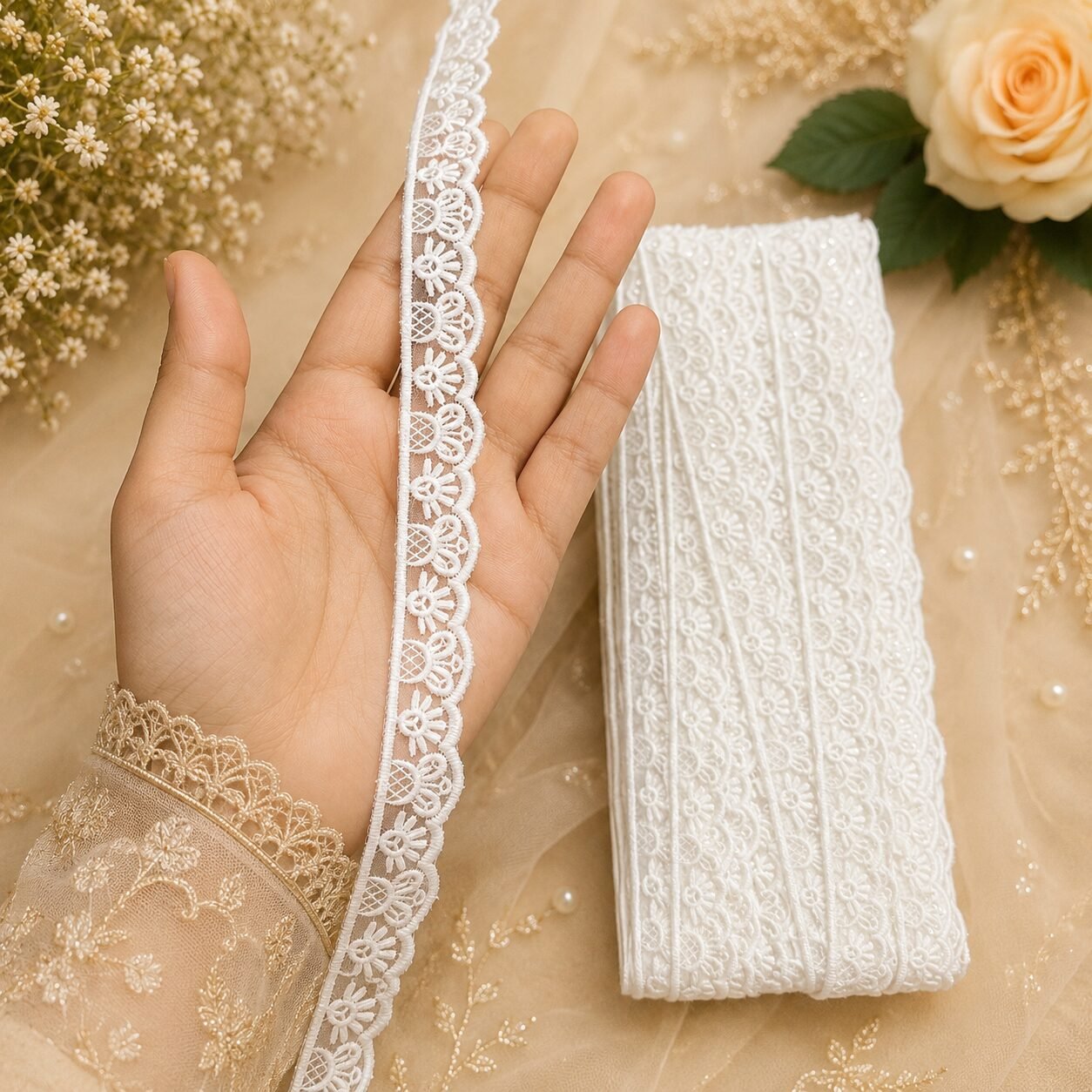 white sequence barik Zexira Beautiful White Sequence Organza 1 Inch 20 Meter Lace