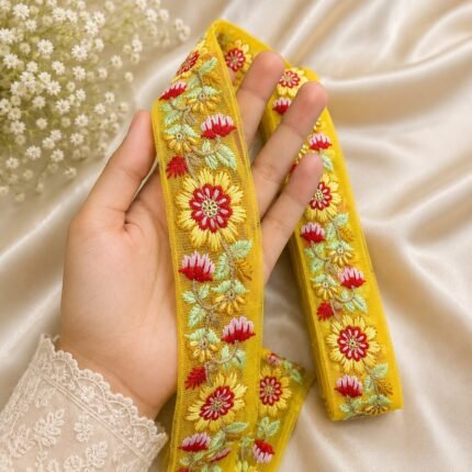 Zexira Beautiful Yellow Embroidery Flower 2 Inch 9 Meter Border Lace