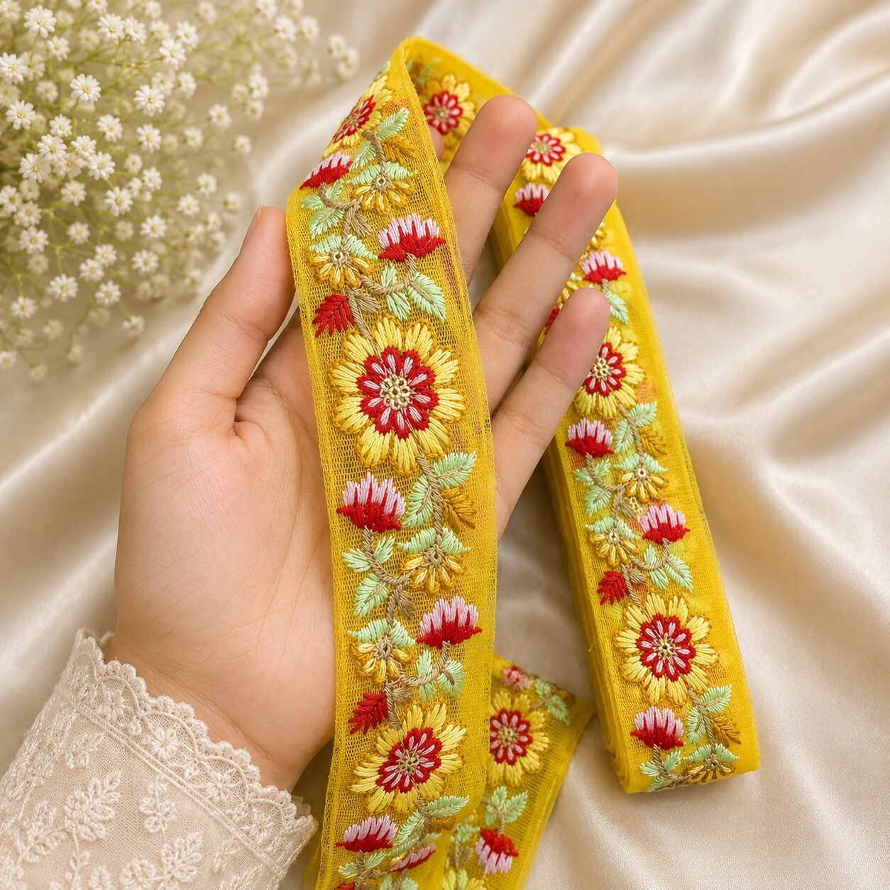 yellow embroidery Zexira Beautiful Yellow Embroidery Flower 2 Inch 9 Meter Border Lace