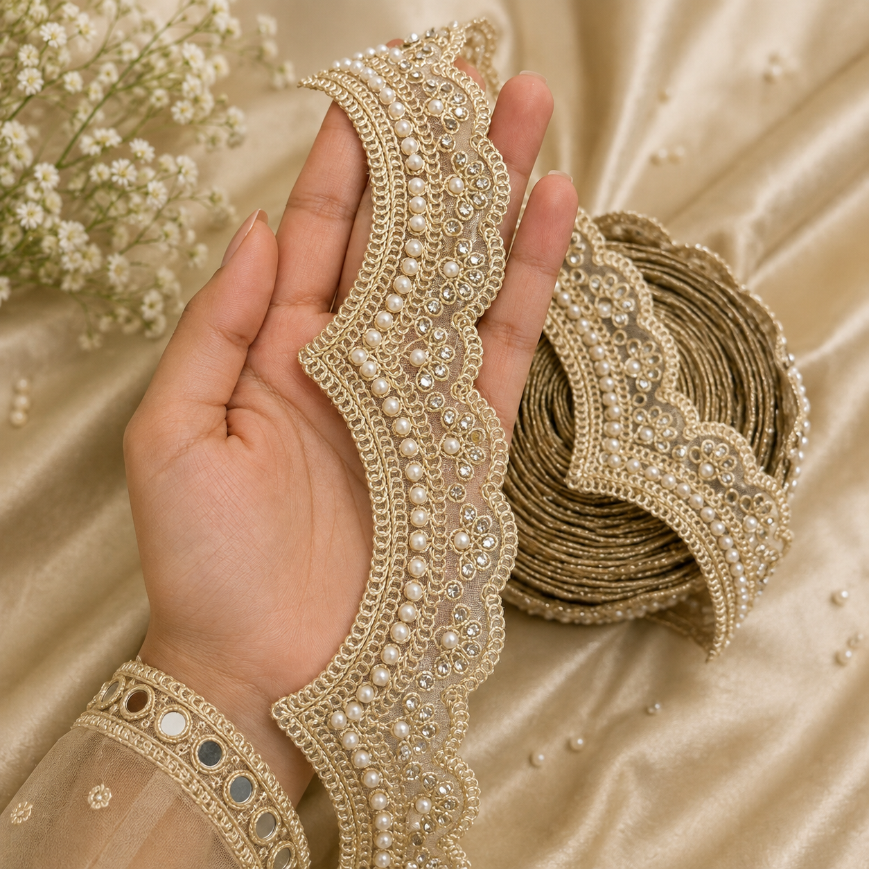 golden handwork Zexira Golden Zari Stone Cutwork 9 Meter Border Lace
