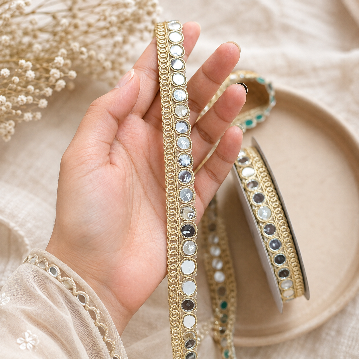 golden mirror new Zexira Golden Mirror Hanwork 1 Inch 9 Meter Lace