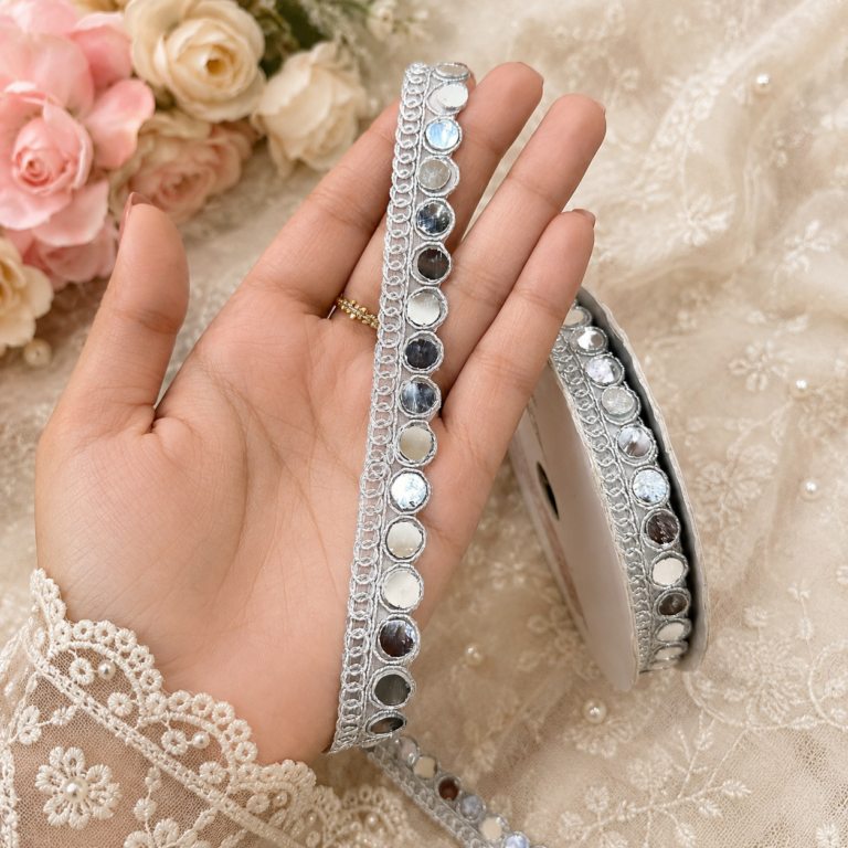 Zexira Silver Handwork Mirror 1 Inch 9 Meter Lace