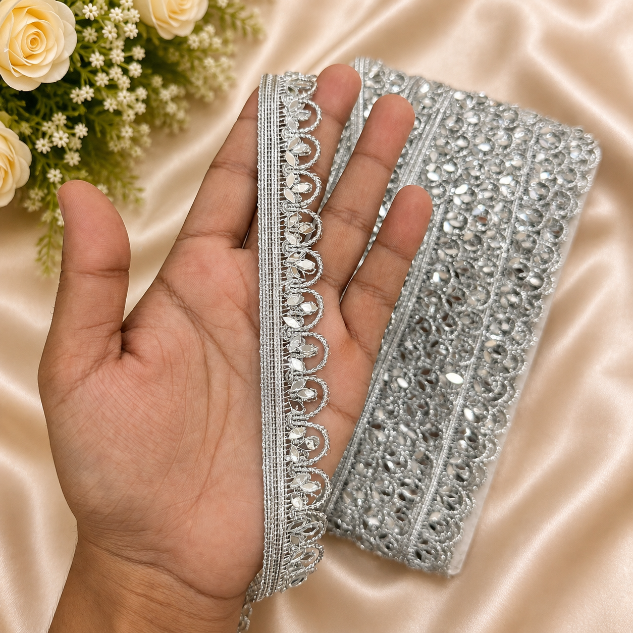 silver mirror Zexira Silver Handwork Mirror 1 Inch 9 Meter Lace