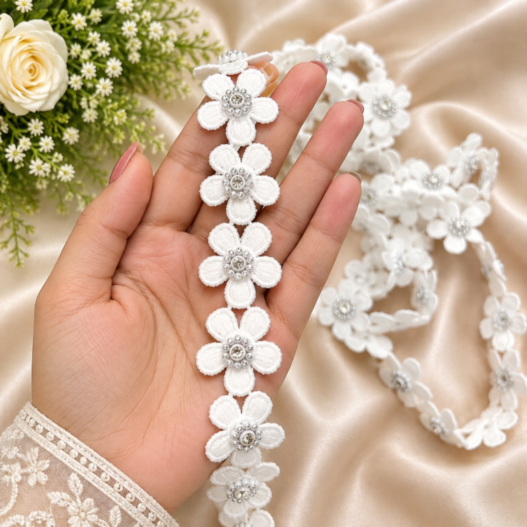 Zexira White Stone Flower Cotton 1 Inch 4.5 Meter Lace