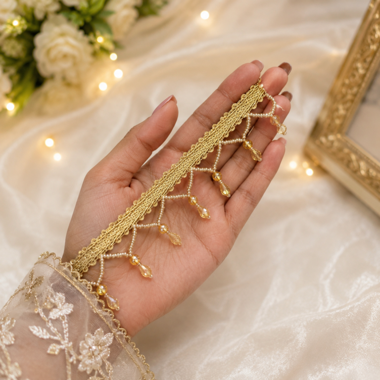 Zexira Golden Cystal Moti Jhalar 2 Inch 8 Meter Lace