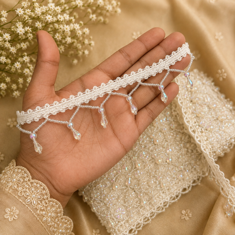 Zexira White Cystal Jhalar 2 Inch 8 Meter Lace